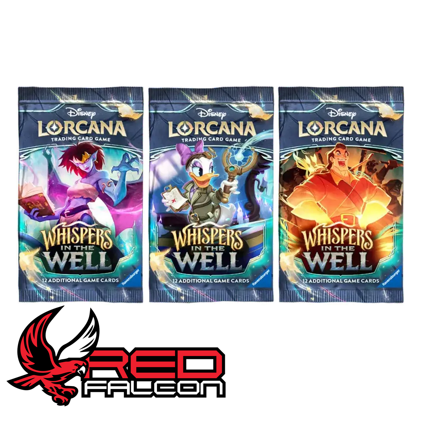 A fanned-out selection displaying all three distinct booster pack art designs for the Whispers in the Well expansion.