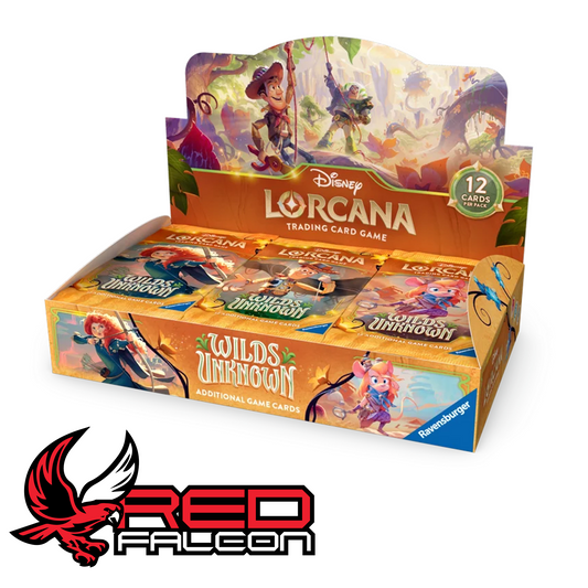 A factory-sealed 24-pack booster box of Disney Lorcana: Wilds Unknown showing character logos and the official Ravensburger security wrap.
