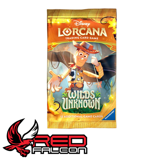 A single Disney Lorcana Wilds Unknown booster pack featuring Woody from Toy Story in his classic cowboy attire.
