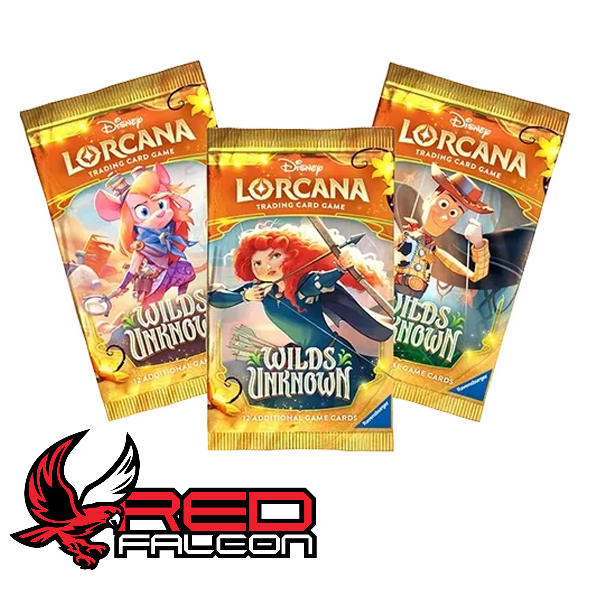 A fanned-out spread of the three Wilds Unknown booster pack designs featuring Woody, Merida, and Gadget Hackwrench.