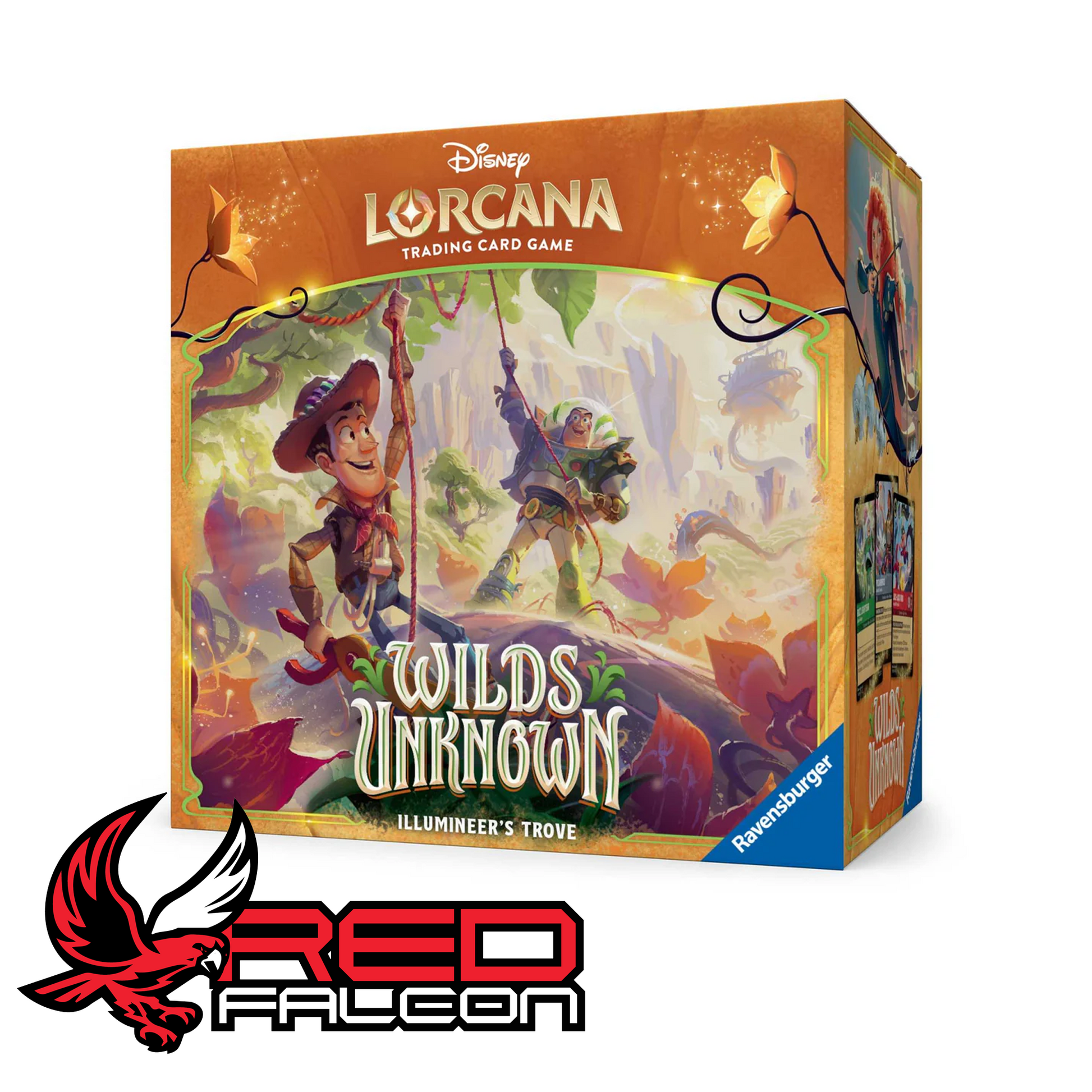 The front of the Disney Lorcana Wilds Unknown Illumineer's Trove storage box featuring Merida and Woody in an ornate nature-themed design.
