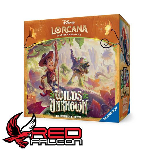 The front of the Disney Lorcana Wilds Unknown Illumineer's Trove storage box featuring Merida and Woody in an ornate nature-themed design.