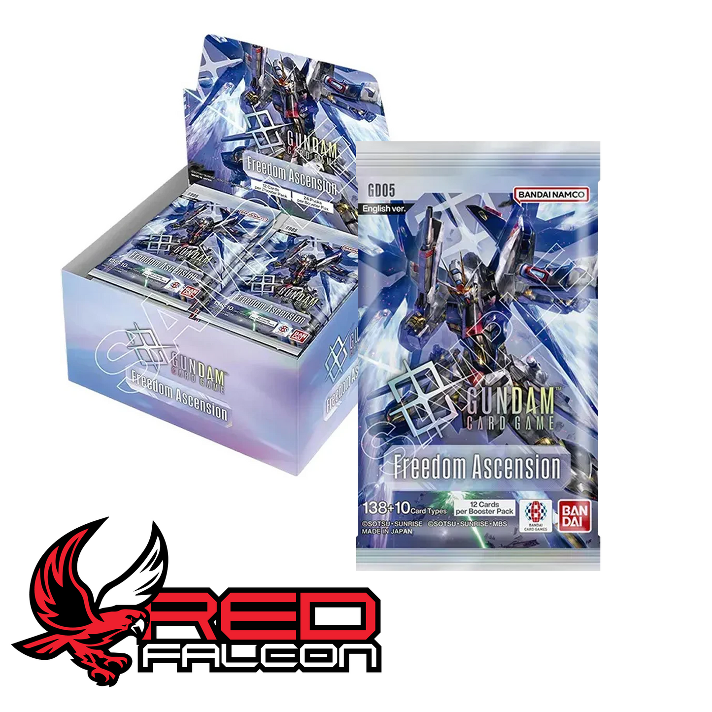 A factory-sealed Gundam Card Game GD05 booster display box shown alongside an individual booster pack.