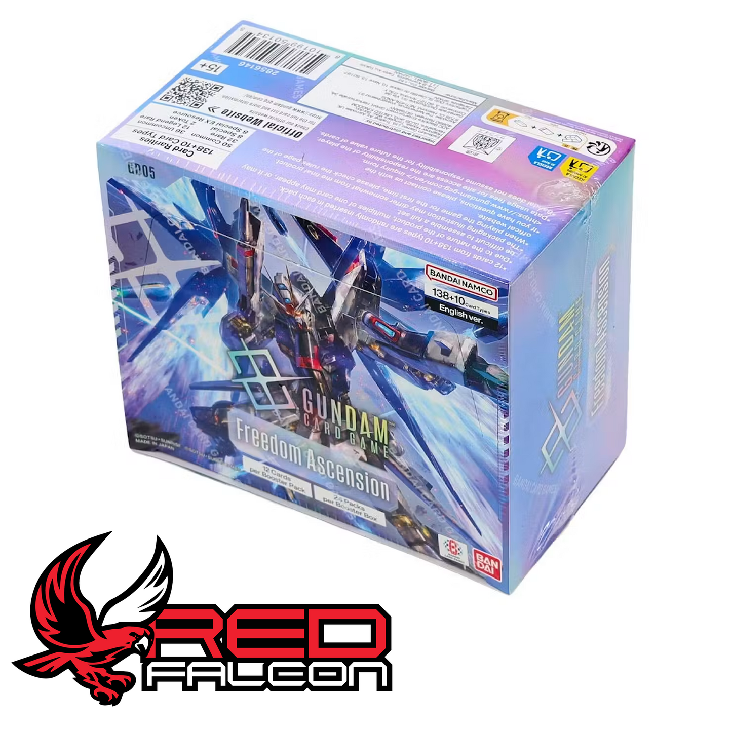 A three-quarter studio shot of the Gundam Card Game GD05 booster box angled slightly to the right, highlighting product details on the packaging corner.