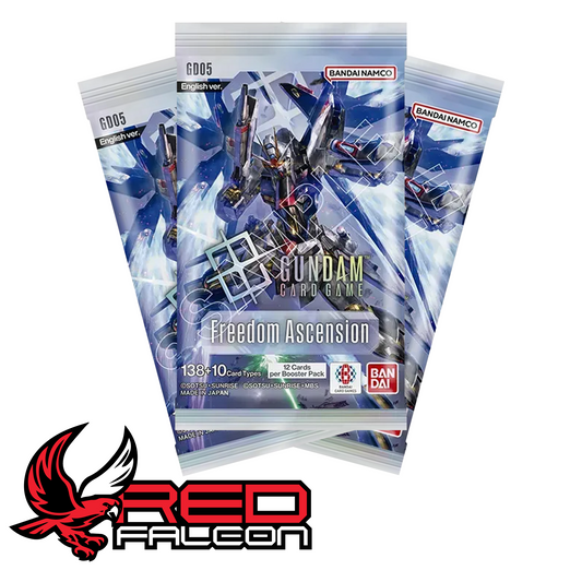 A fanned-out display of multiple Gundam Card Game GD05 booster packs arranged side-by-side.