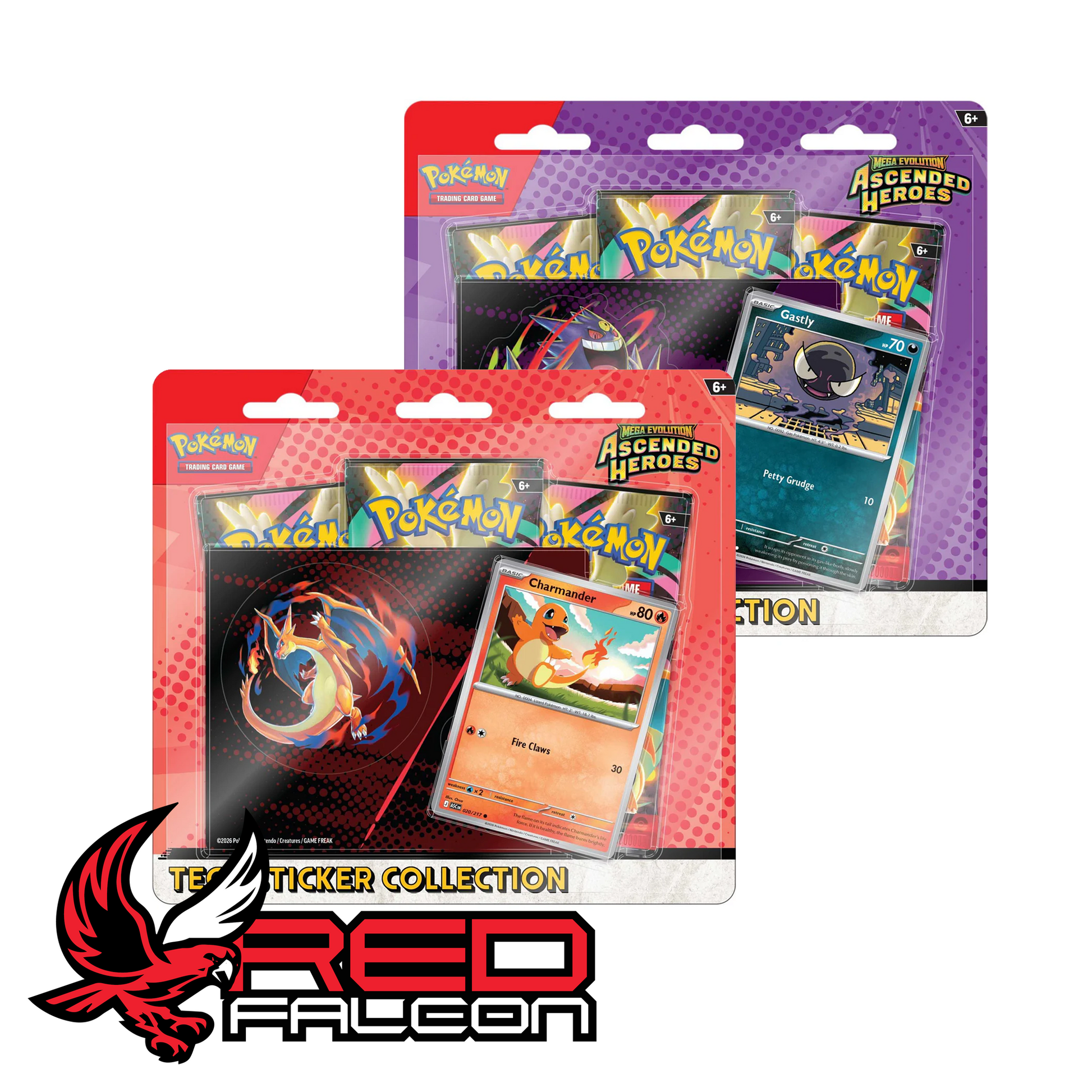 Charizard and Gengar variants of the Pokémon Mega Evolution Ascended Heroes Tech Sticker Collection
