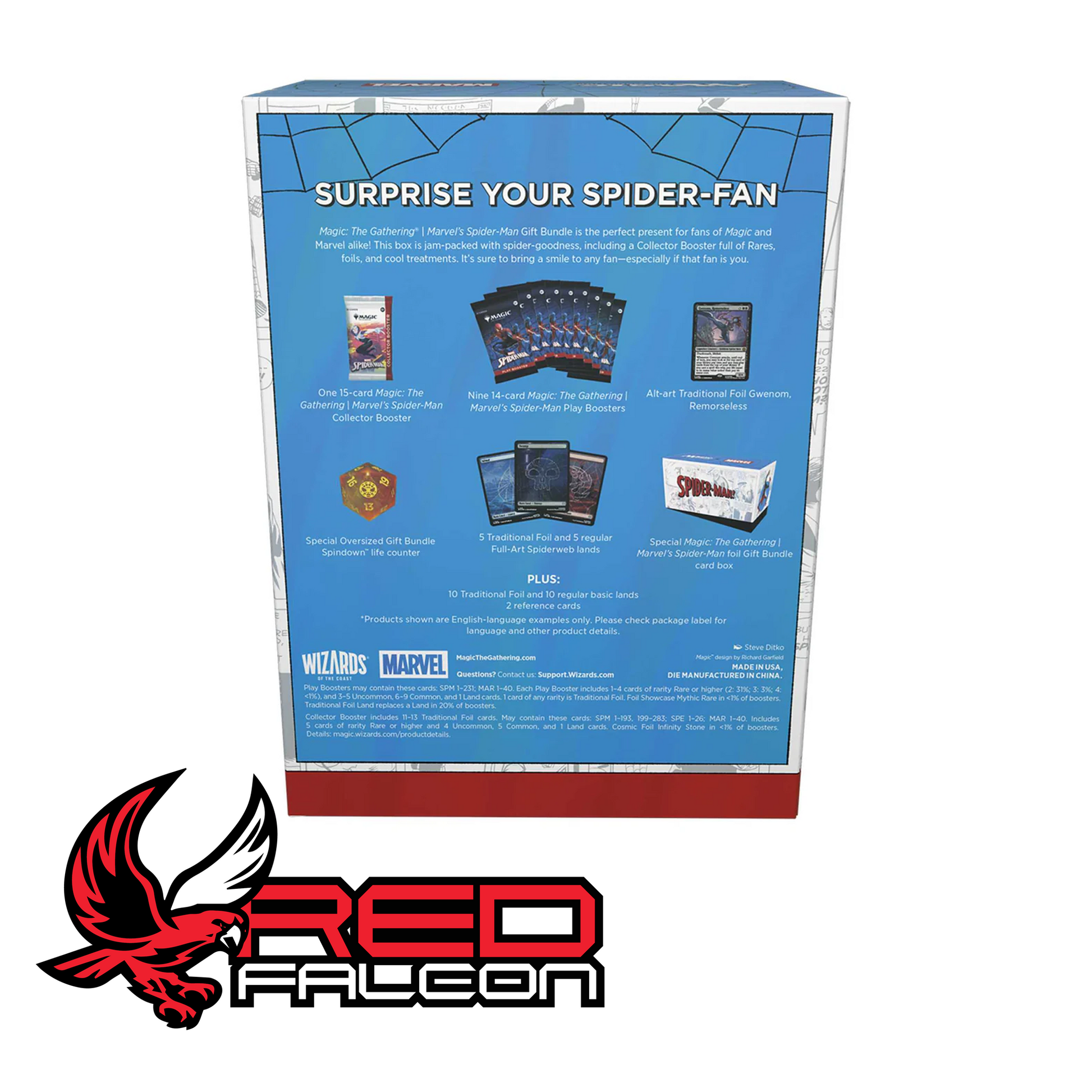 The back of the MTG Marvel's Spider-Man Gift Bundle showing the full list of contents and booster pack breakdown.