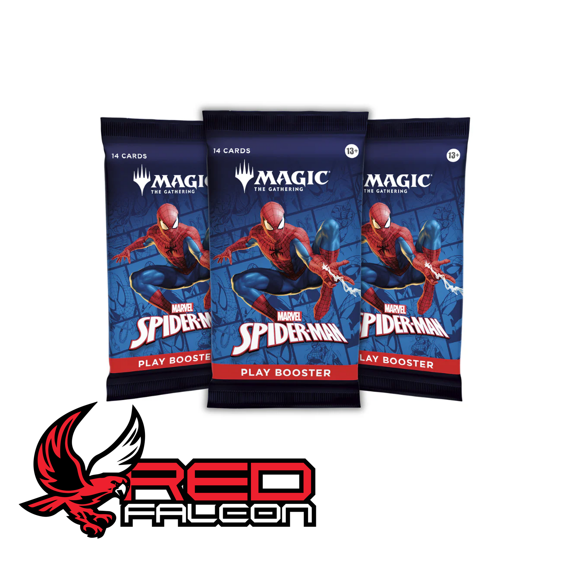 A group of Play Booster packs from the MTG Marvel's Spider-Man set showing the different artwork variations.