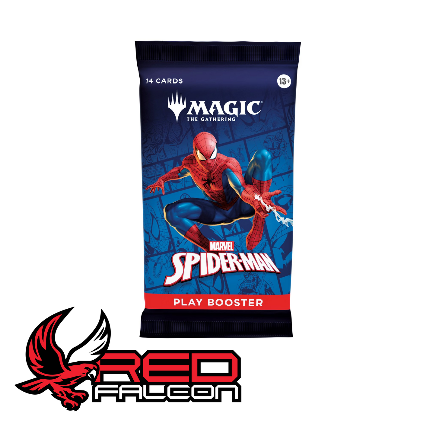 An individual Play Booster pack from the Magic: The Gathering Marvel's Spider-Man set.