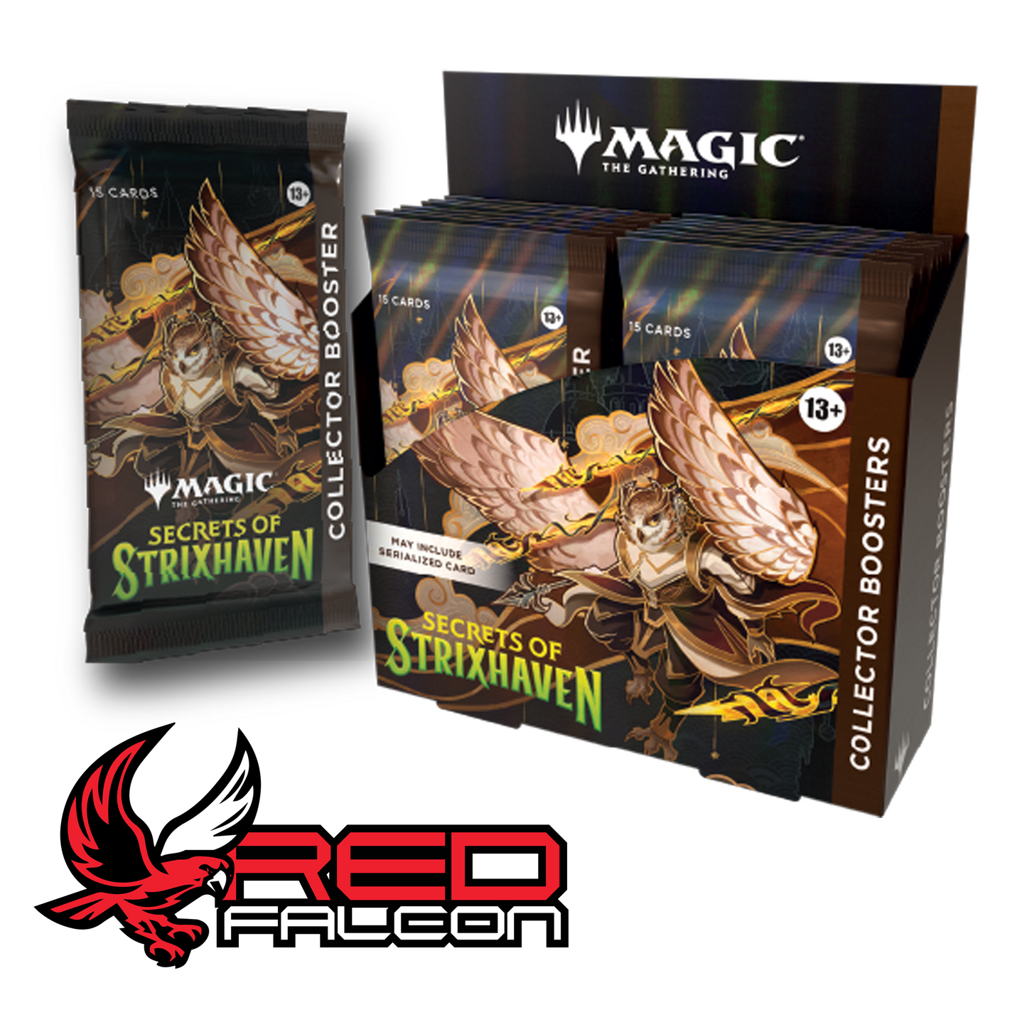 A Secrets of Strixhaven Collector Booster pack leaning against its corresponding booster box.