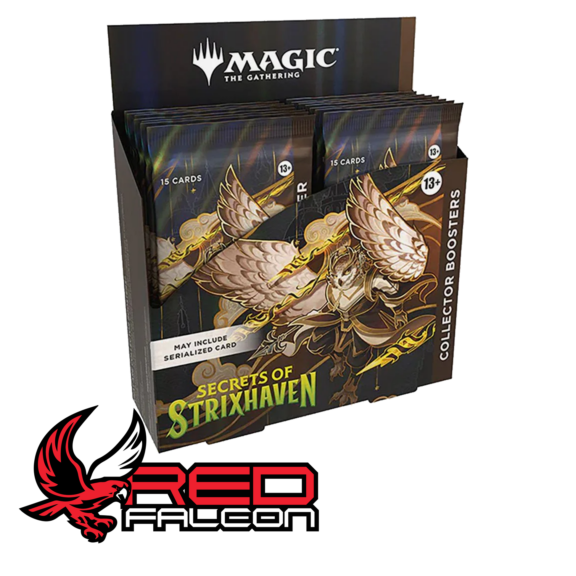 A display box of Magic: The Gathering Secrets of Strixhaven Collector Boosters.