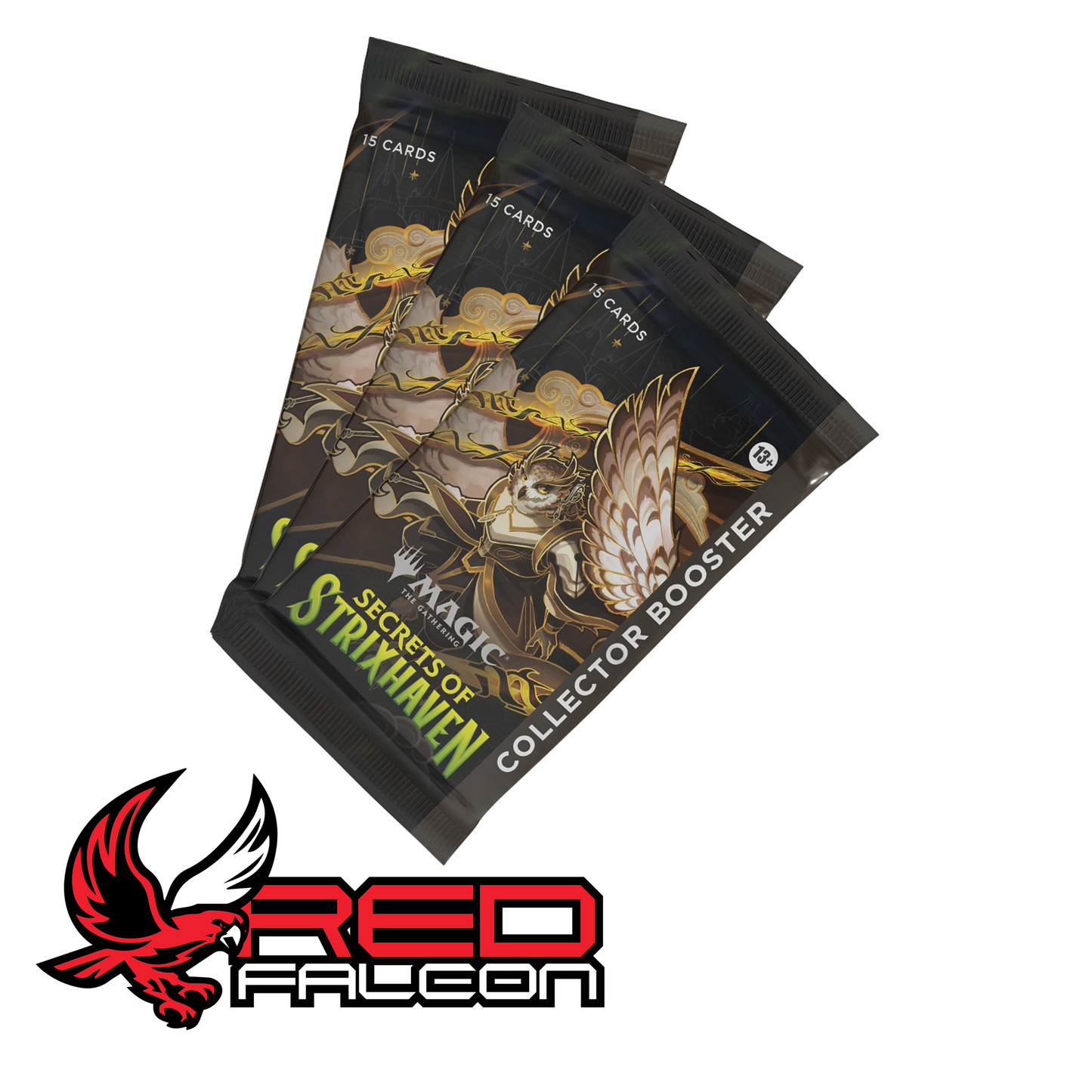 A set of three Secrets of Strixhaven Collector Booster packs.