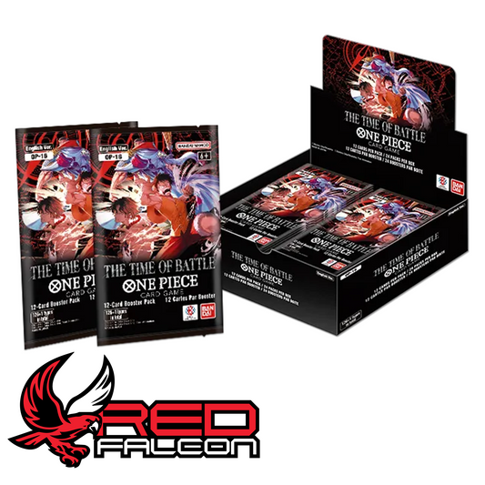 An open One Piece Card Game OP-16 booster box display sitting next to several individual booster packs.