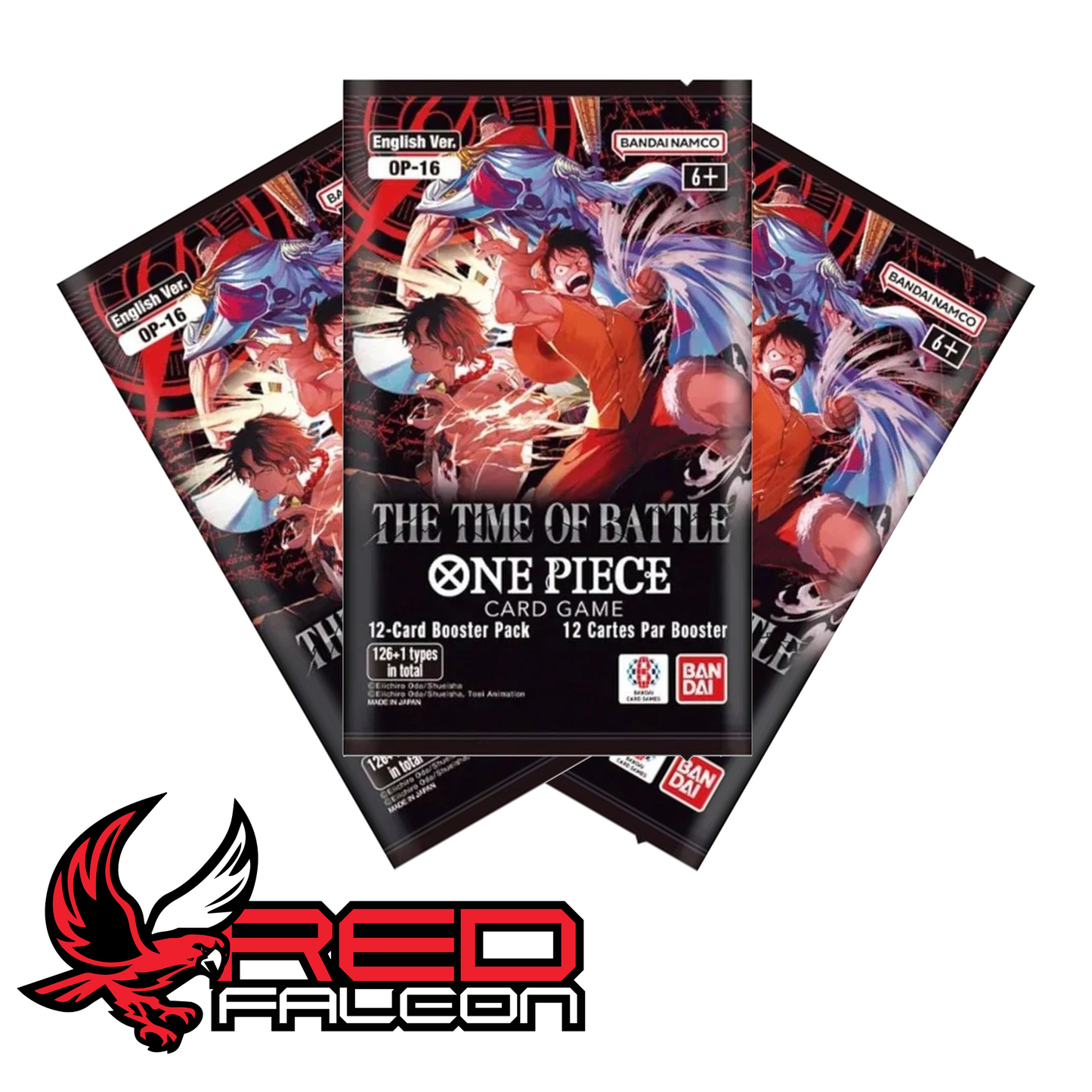 Multiple individual One Piece Card Game OP-16 booster packs arranged in a neat, fanned-out spread across a tabletop.