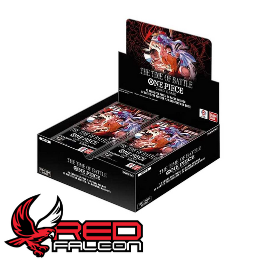 The front view of the official factory-sealed One Piece Card Game OP-16 The Time of Battle booster box display.