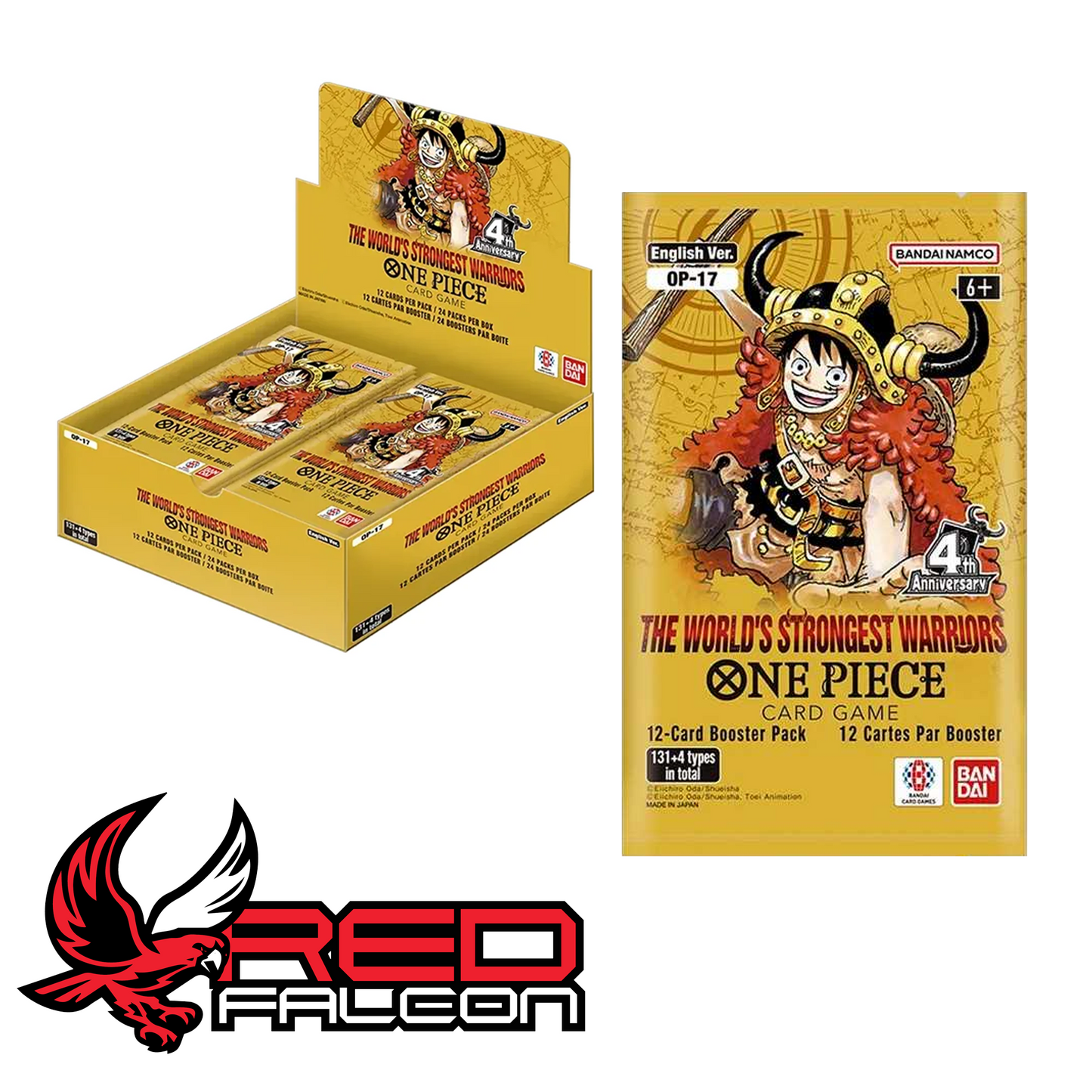 An official One Piece Card Game OP-17 booster display box presented alongside an individual booster pack.