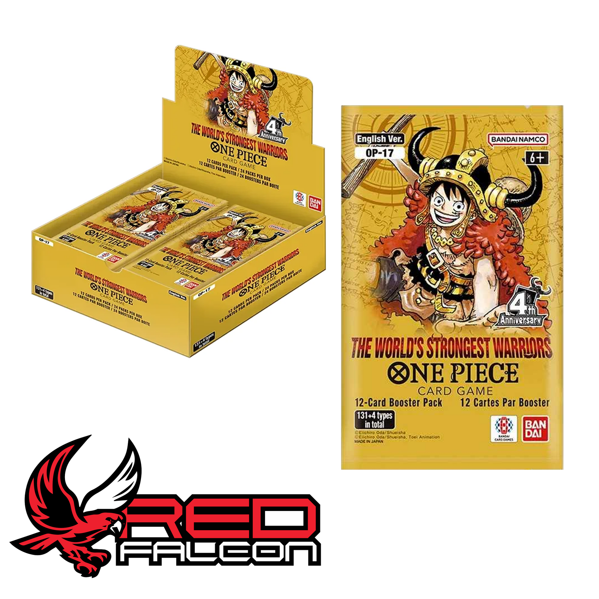 An official One Piece Card Game OP-17 booster display box presented alongside an individual booster pack.