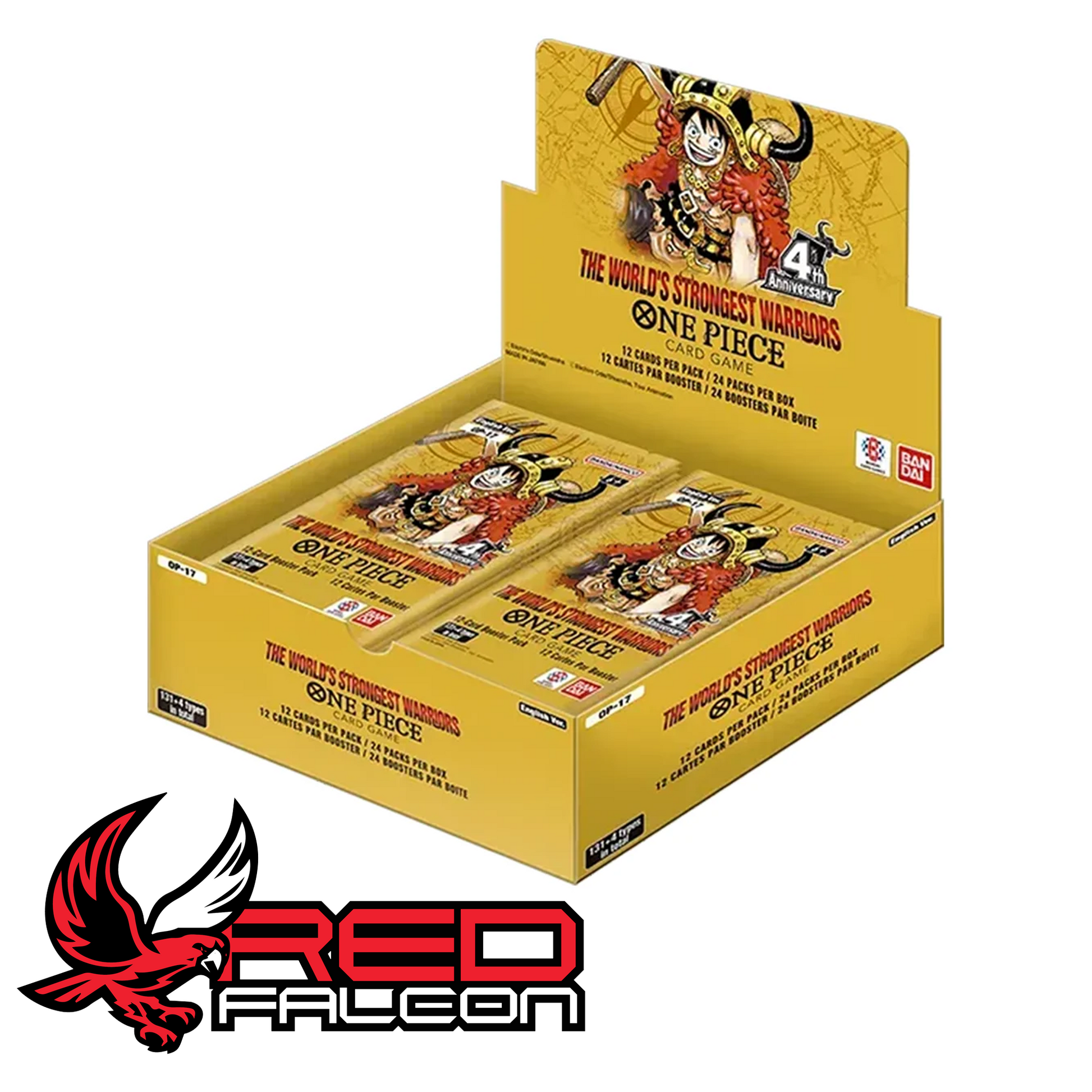 The front view of an official factory-sealed One Piece Card Game The World's Strongest Warriors (OP-17) booster display box.