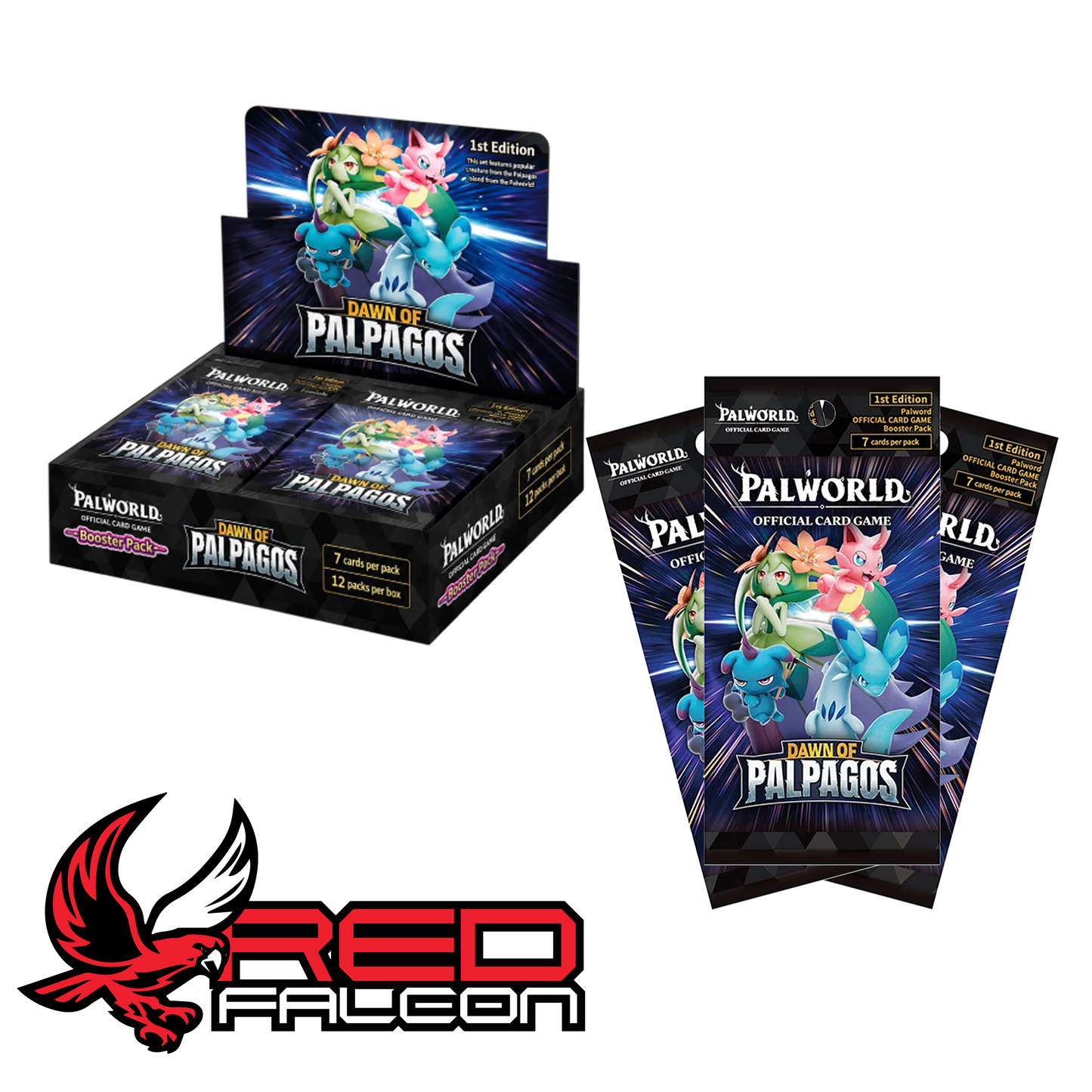 An open Palworld TCG Dawn of Palpagos booster box displayed alongside multiple individual booster packs.