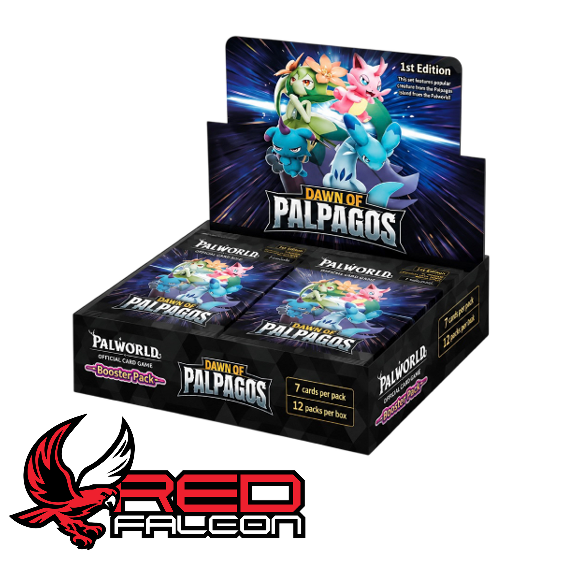 An open retail display view of the Palworld TCG Dawn of Palpagos booster box showcasing the booster packs lined up inside.