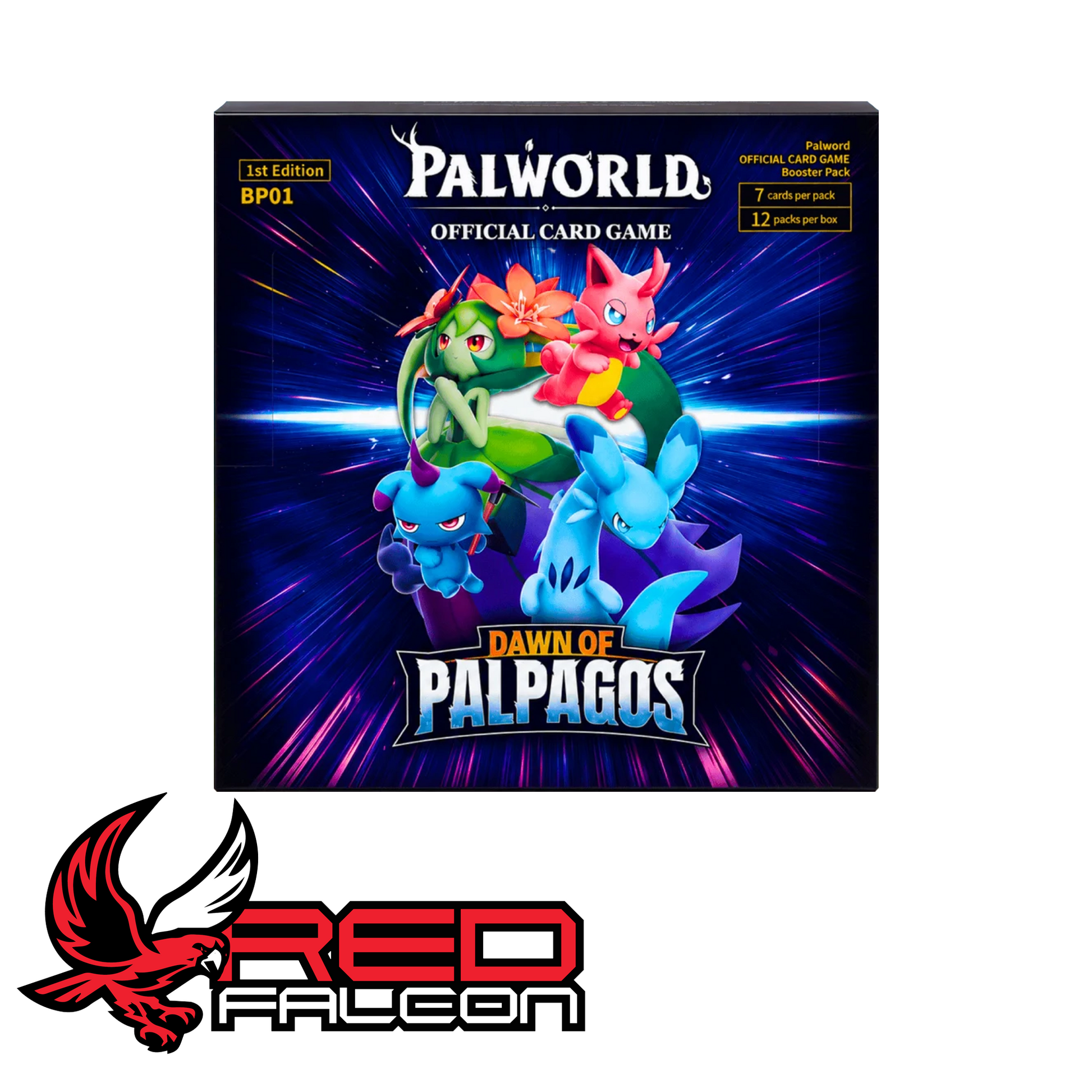 The direct front view of an official factory-sealed Palworld TCG Dawn of Palpagos booster box.