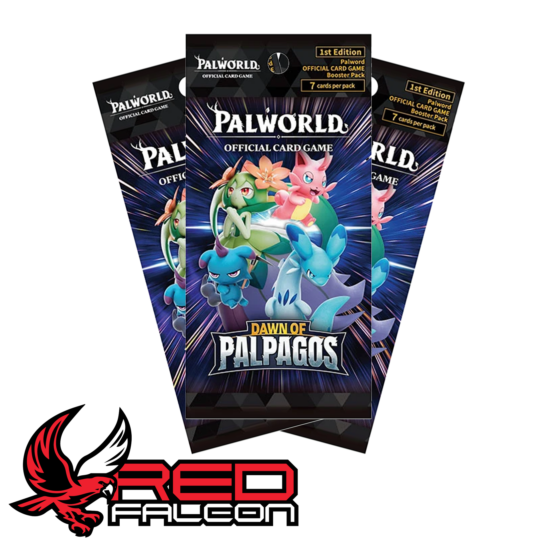 A fanned-out display spread of multiple Palworld TCG Dawn of Palpagos booster packs.