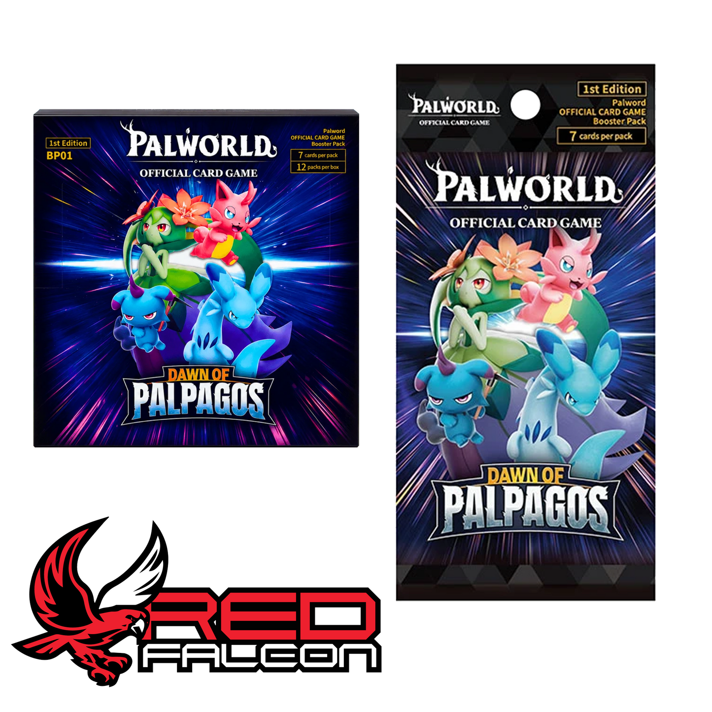 A factory-sealed Palworld TCG Dawn of Palpagos booster box standing next to an individual booster pack.