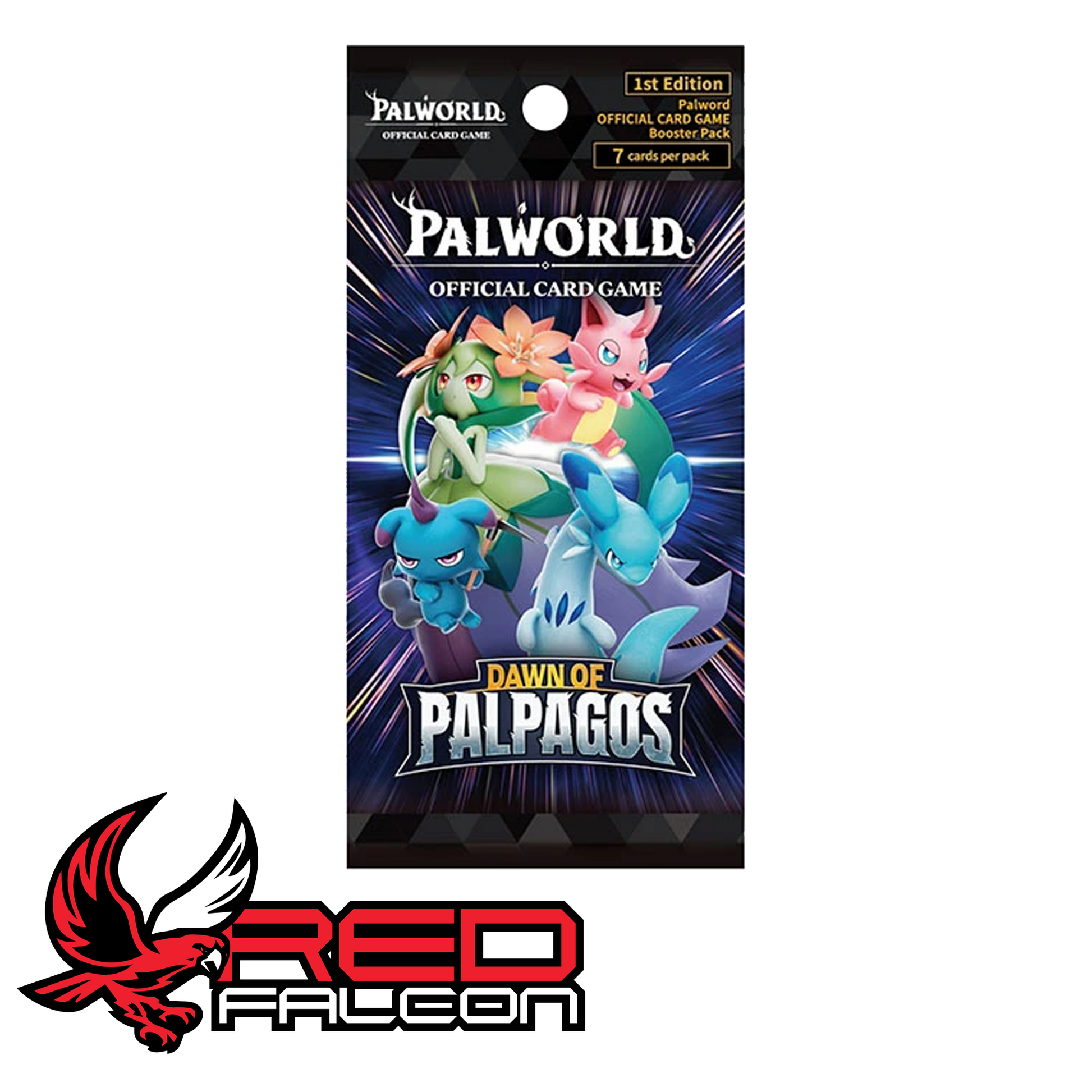 The clean front view of a single factory-sealed Palworld TCG Dawn of Palpagos booster pack featuring featured Pal artwork.
