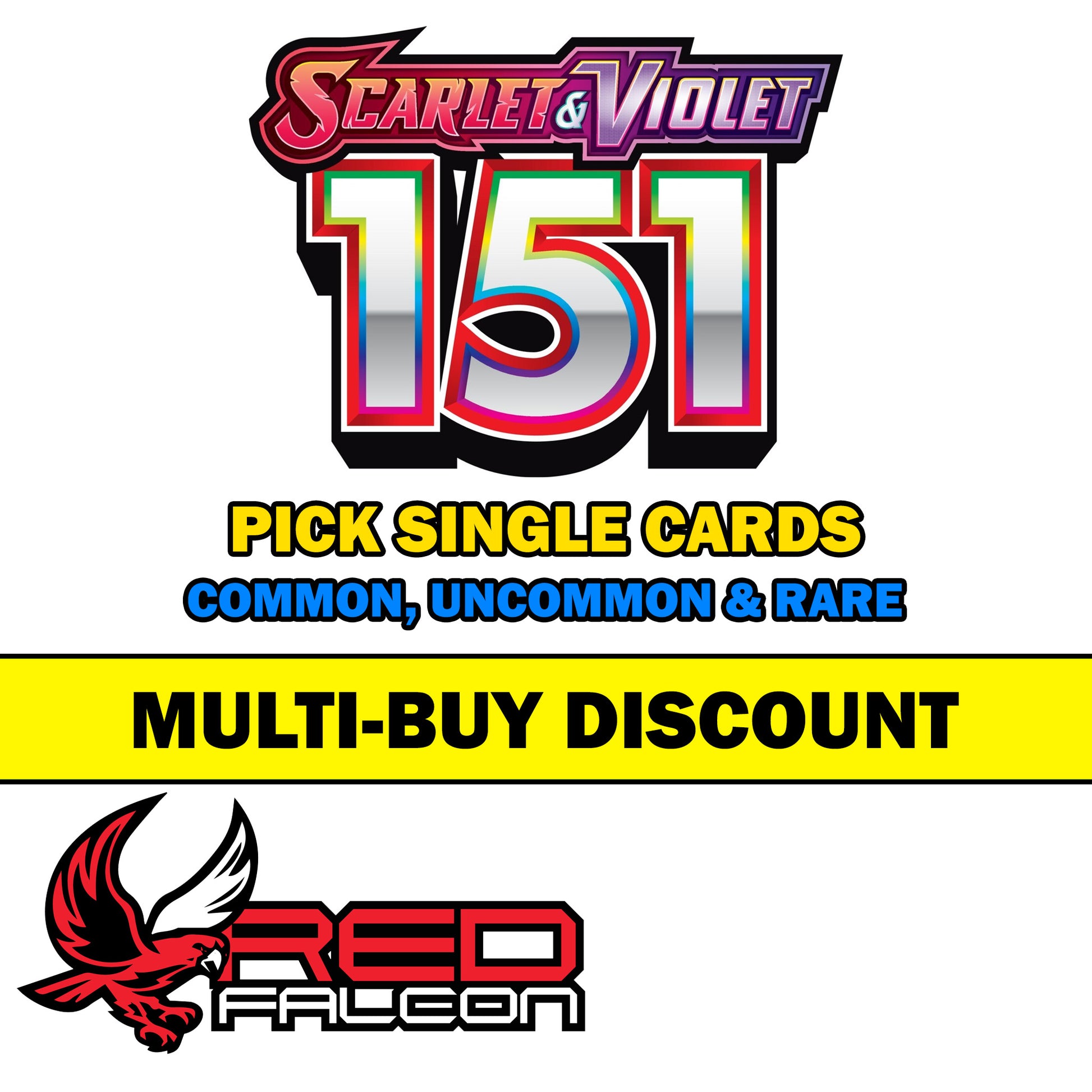 A variety of Pokemon Scarlet & Violet 151 cards including holographic rares and commons spread out on a white background. Choose your specific card from the dropdown menu