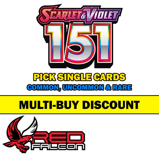 A variety of Pokemon Scarlet & Violet 151 cards including holographic rares and commons spread out on a white background. Choose your specific card from the dropdown menu
