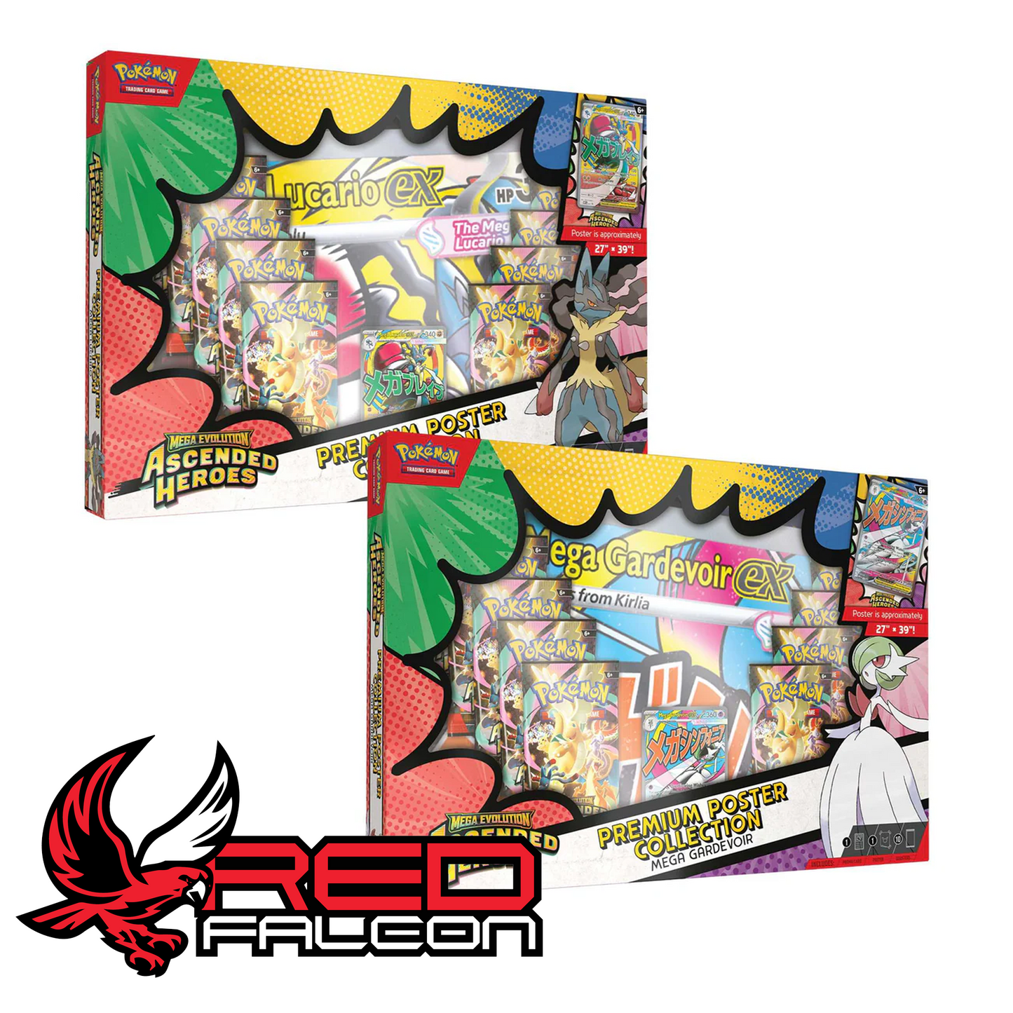 Pokémon Ascended Heroes Mega Lucario ex and Mega Gardevoir ex poster collection boxes