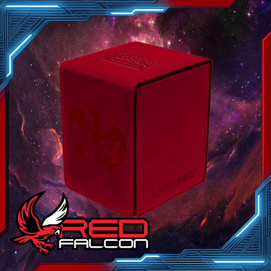 Pokémon Alcove Flip Deck Box featuring embossed Charizard artwork on leatherette with foil detailing