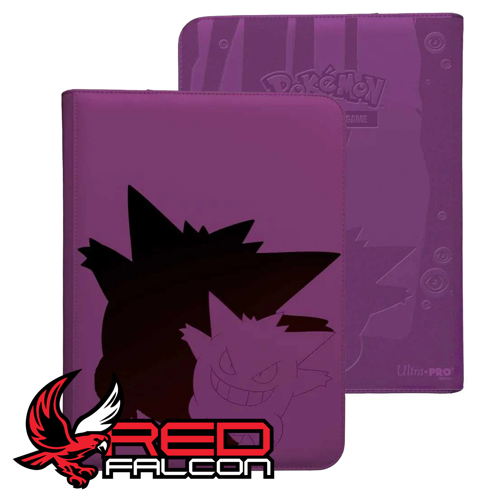 Front and back of Pokémon Elite Series Gengar 9-pocket zippered pro binder with front slightly overlapping