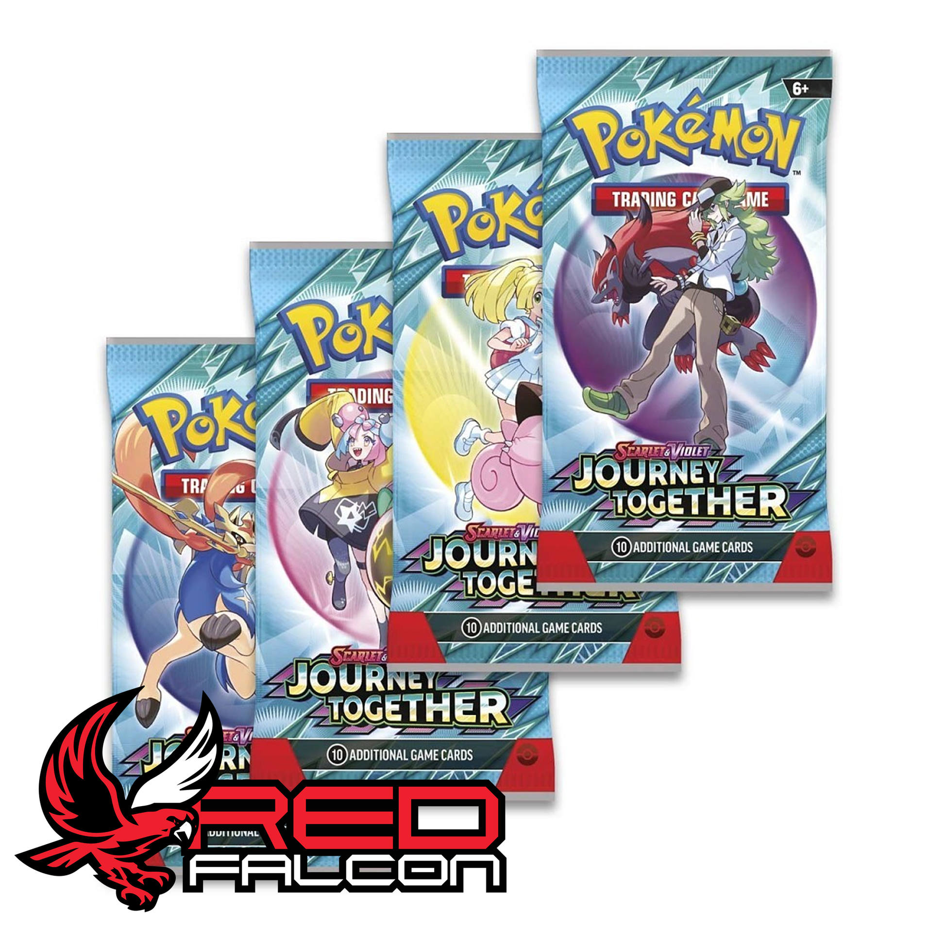All four Pokémon TCG Journey Together booster pack artwork designs including Clefairy, Bellibolt, Zoroark and Zacian
