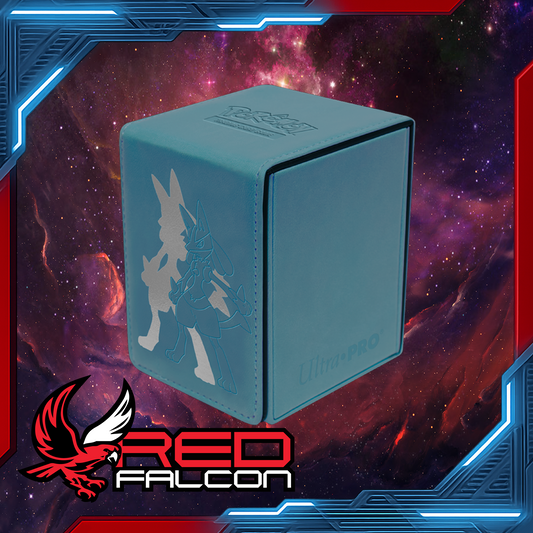Pokémon Lucario Alcove Flip Deck Box with textured leatherette and foil detailing