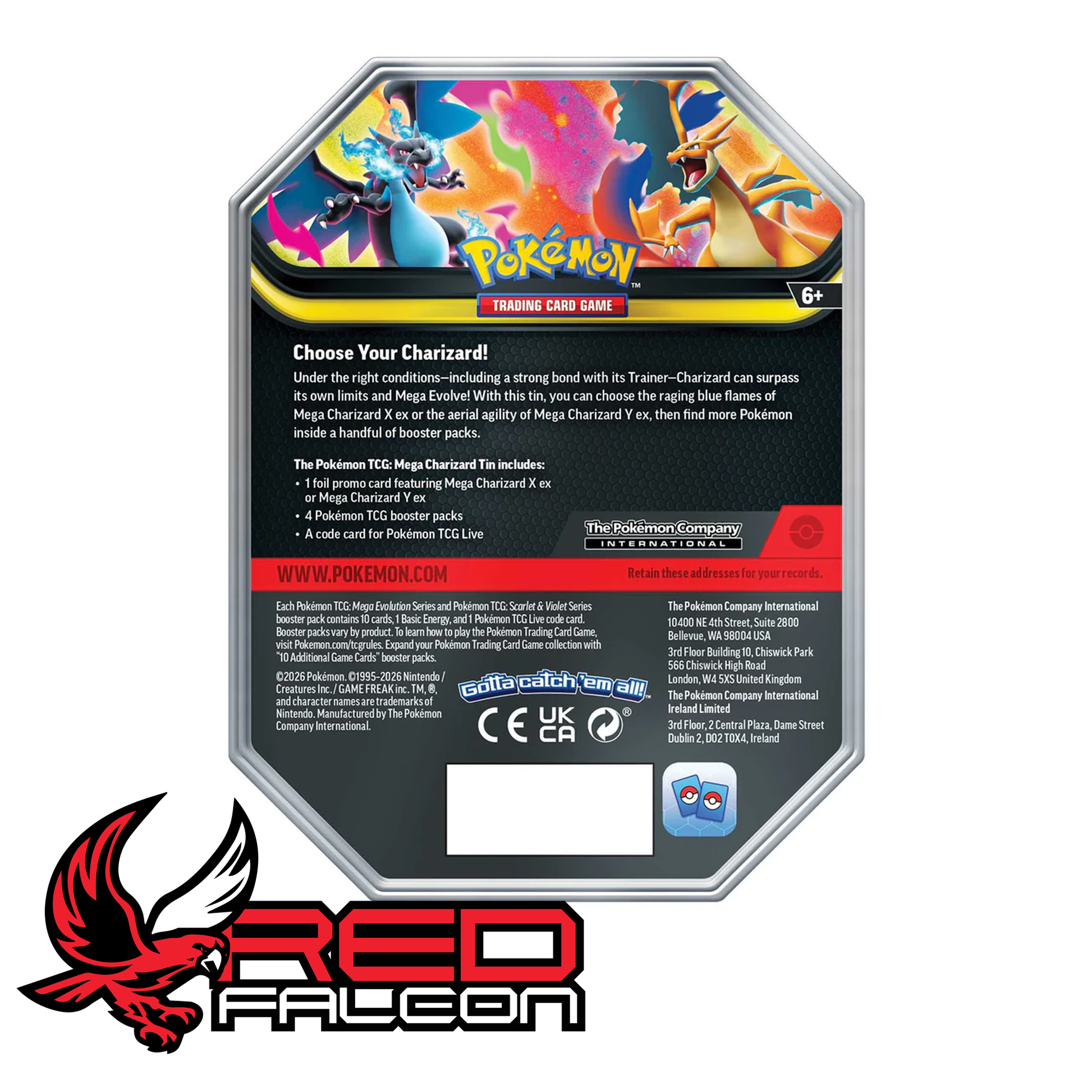 Pokemon TCG Mega Charizard ex tin back showing contents information