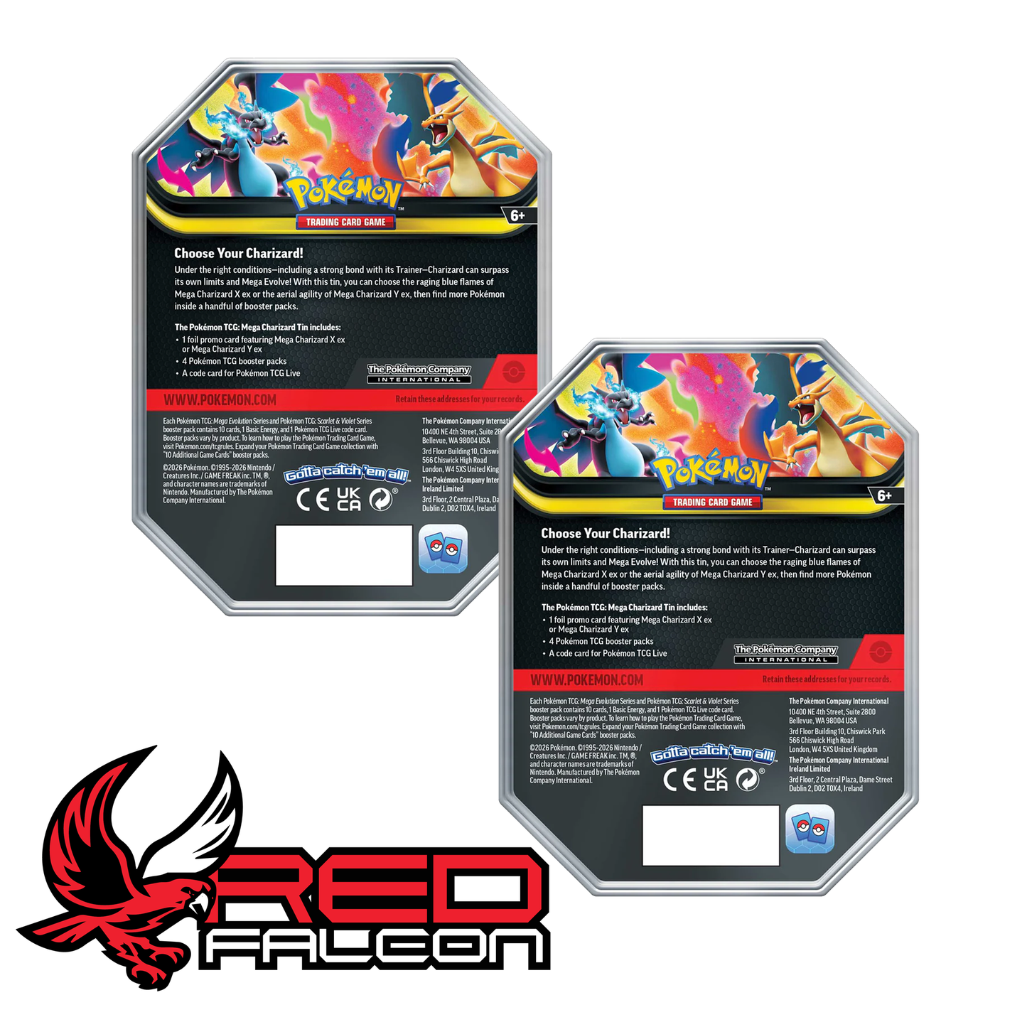 Back of Pokemon TCG Mega Charizard X and Y ex tins showing product details