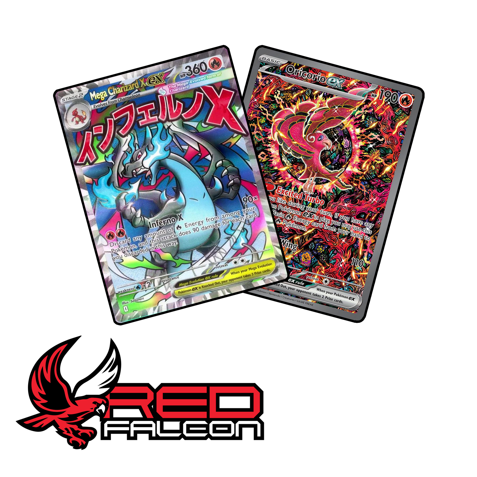 The exclusive etched foil Mega Charizard X ex and Oricorio ex promo cards included in the collection.