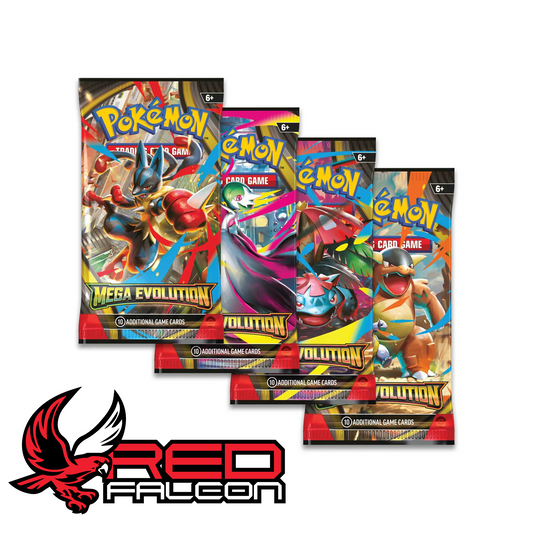 Collection of Pokémon TCG Mega Evolutions booster packs featuring Lucario, Gardevoir, Venusaur, and Kangaskhan artwork