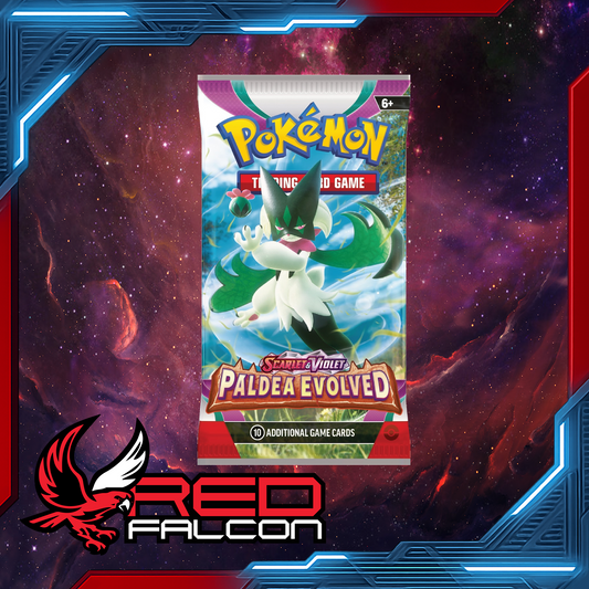 Pokémon TCG Paldea Evolved booster pack featuring Meowscarada artwork