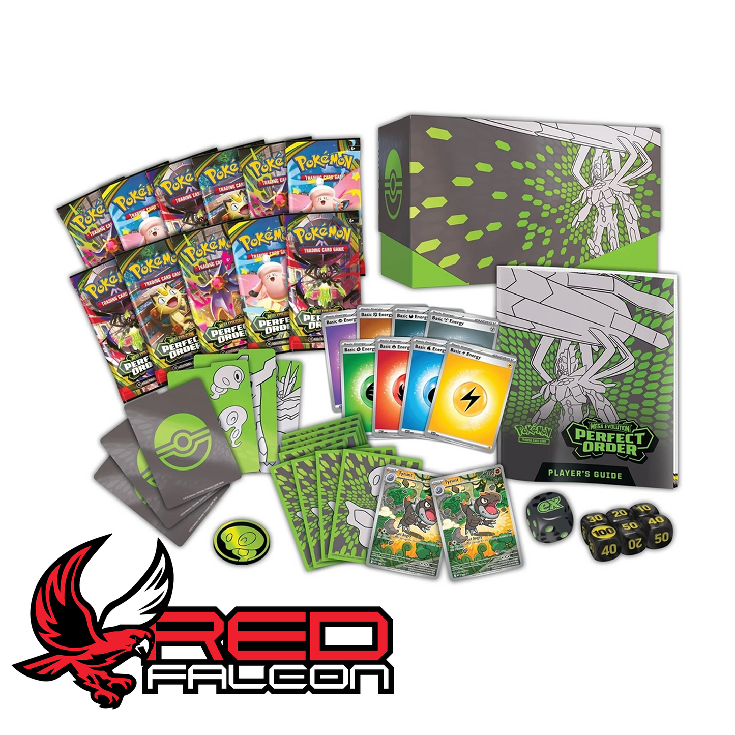 Pokémon Perfect Order Elite Trainer Box contents including packs sleeves dice and accessories