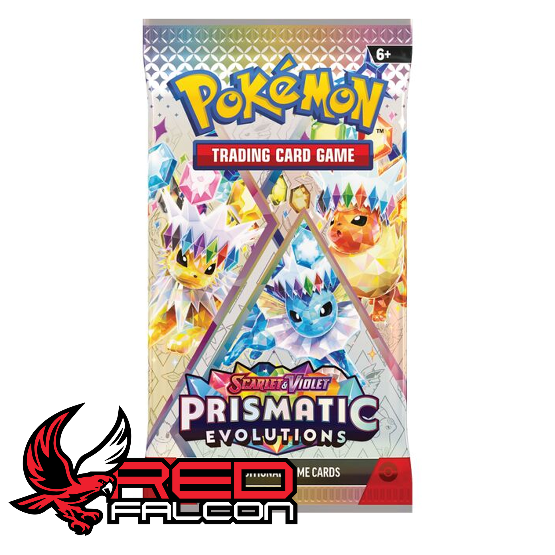 Pokémon TCG Prismatic Evolutions booster pack featuring Vaporeon, Flareon and Jolteon artwork