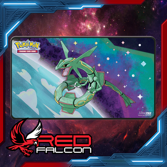 Pokémon Legendary Rayquaza foil playmat laid flat with starlight spot foil highlights
