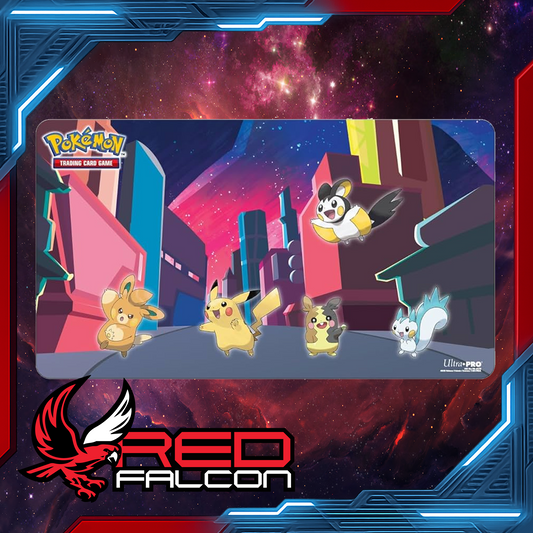 Pokémon Shimmering Skyline Gallery Series playmat laid flat featuring Pikachu, Pawmot, Morpeko, Emolga and Pachirisu