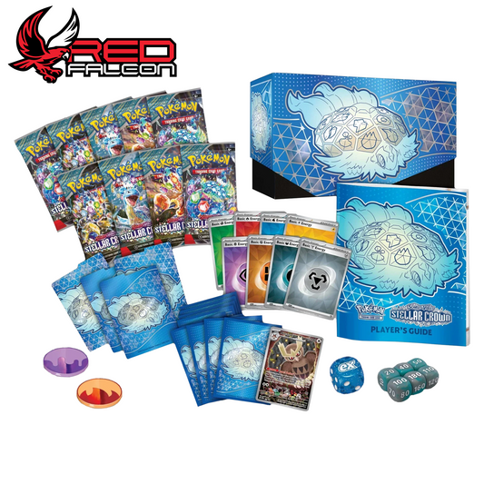 Contents of Stellar Crown Elite Trainer Box: booster packs, promo card, sleeves and accessories