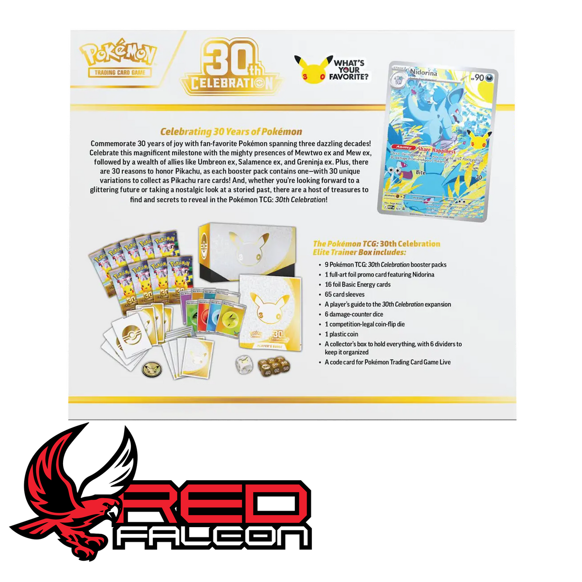 The rear view of the Pokémon TCG 30th Anniversary Elite Trainer Box detailing product contents and expansion description.
