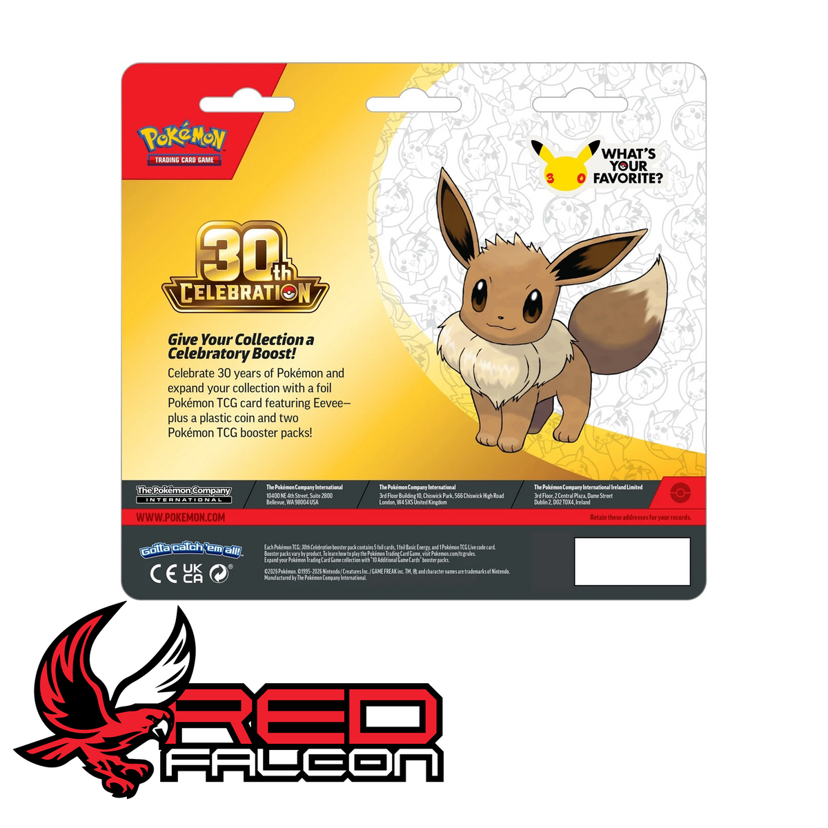 The back view of the Pokémon TCG 30th Celebration 2-pack blister card showing product details and pack contents.