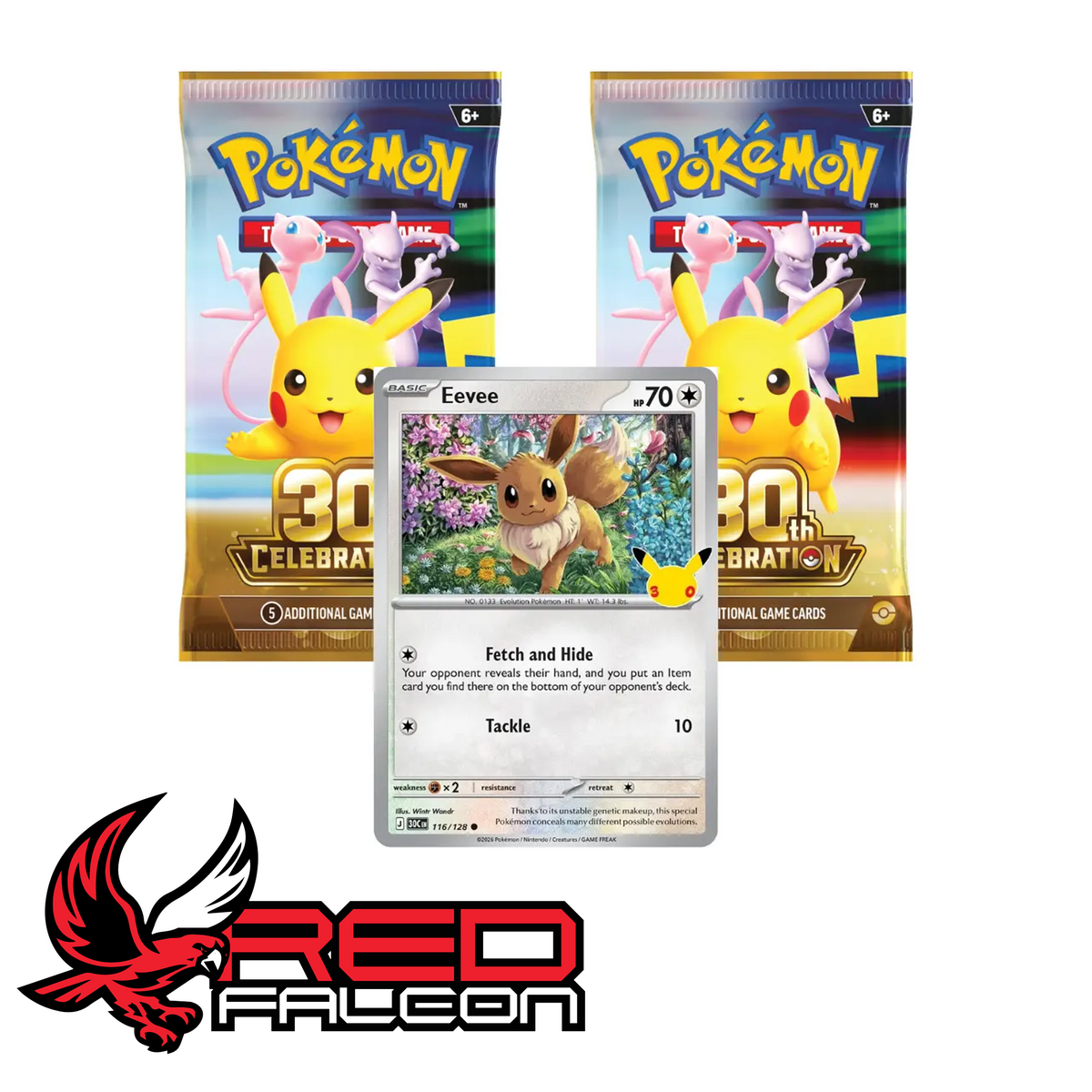 The two 30th Celebration booster packs displayed alongside the exclusive foil Eevee promo card.