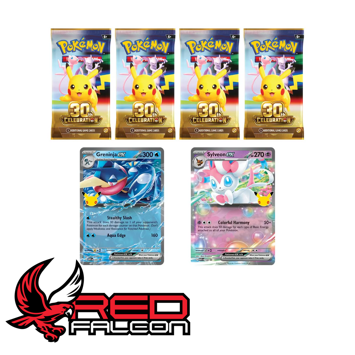 Four 30th Celebration booster packs displayed alongside both the Sylveon ex and Greninja ex foil promo cards.