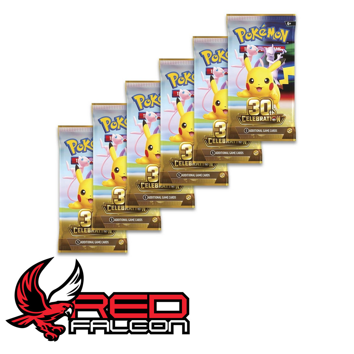 The six factory-sealed Pokémon TCG 30th Celebration booster packs included inside the bundle box.